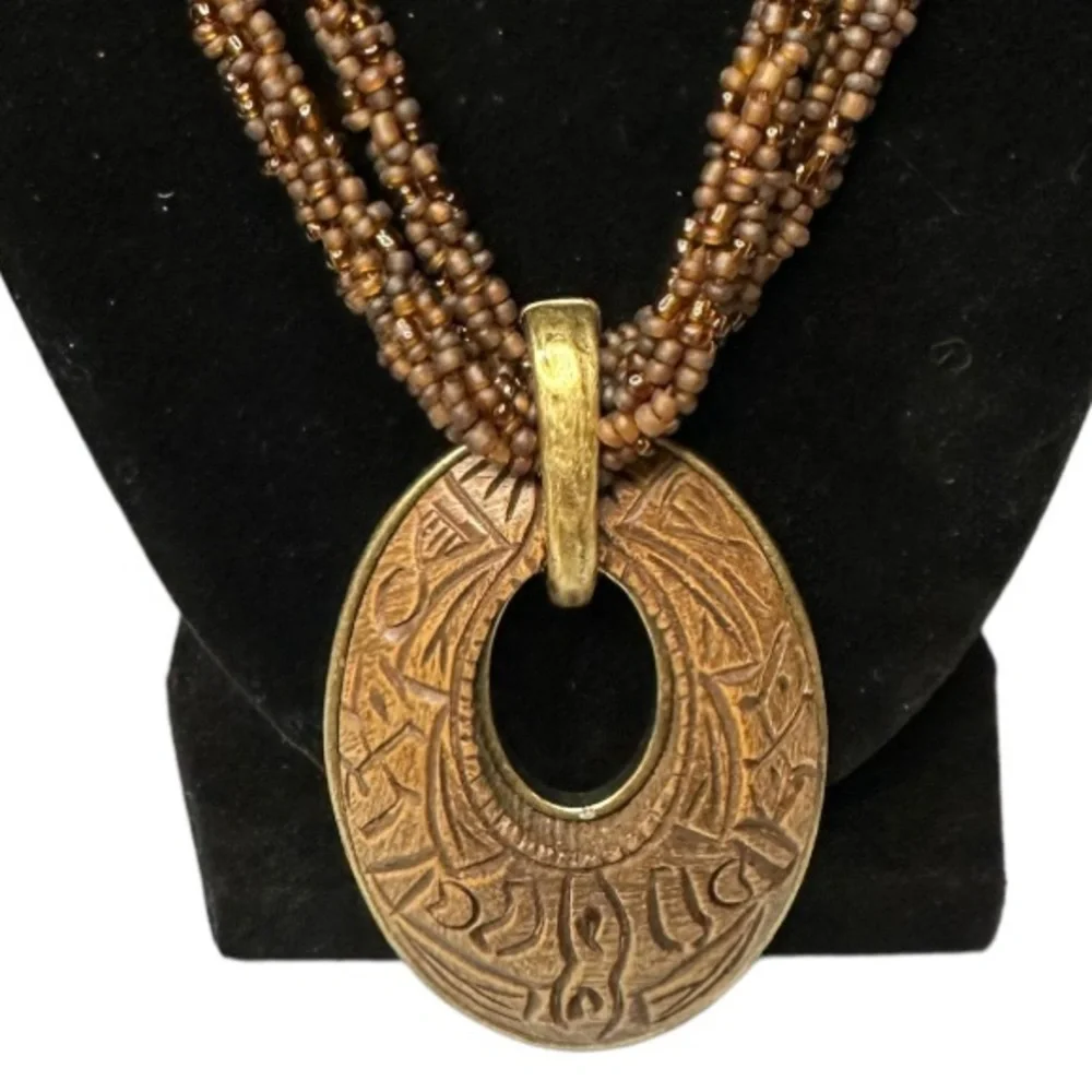 Coldwater Creek Brown Seed Bead Necklace with Carved Pendant